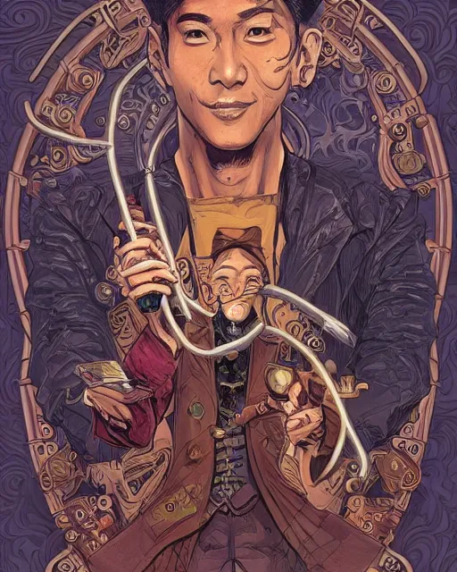 Image similar to a detailed portrait illustration of a steampunk noble - mage. handsome asian male face. art nouveau, pop art, comic book style. influenced by neil gaiman, h. p. lovecraft, dan mumford, eddie mendoza, vadim voitekhovitch, killian eng, ross tran.