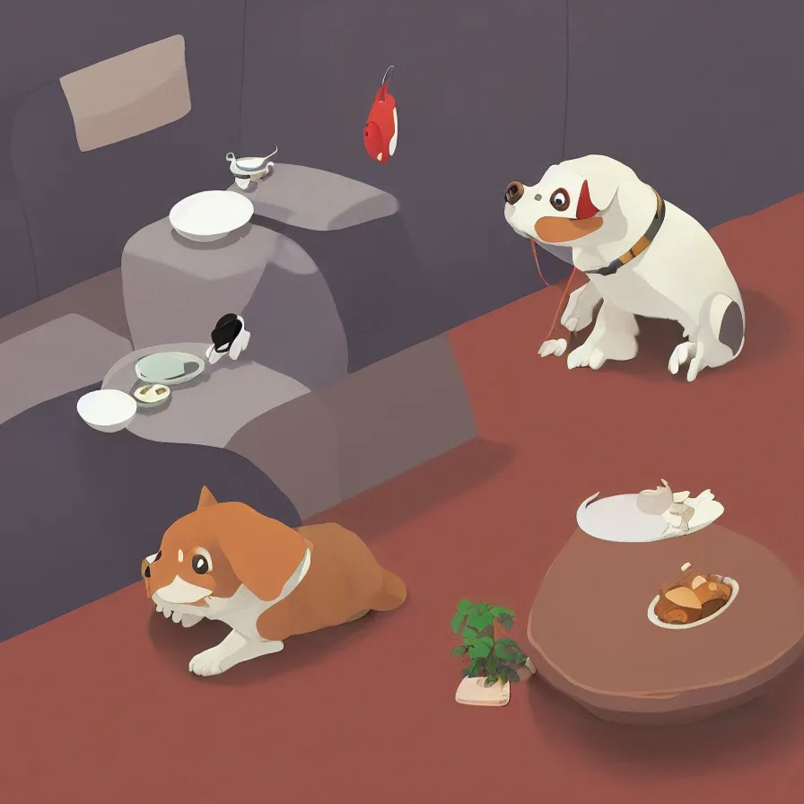 Image similar to Goro Fujita illustrating a dog looking down from the top of the sofa at his food bowl, art by Goro Fujita, sharp focus, highly detailed, ArtStation