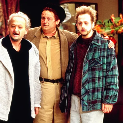 Prompt: adult Macaulay Caulkin, old Joe Pesci and old Daniel Stern on the set filming the next Home Alone movie.