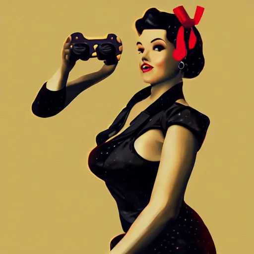 Prompt: a pin up woman playing a videogame, front view, digital art, photoshop, dark lighting, couch, holding a control