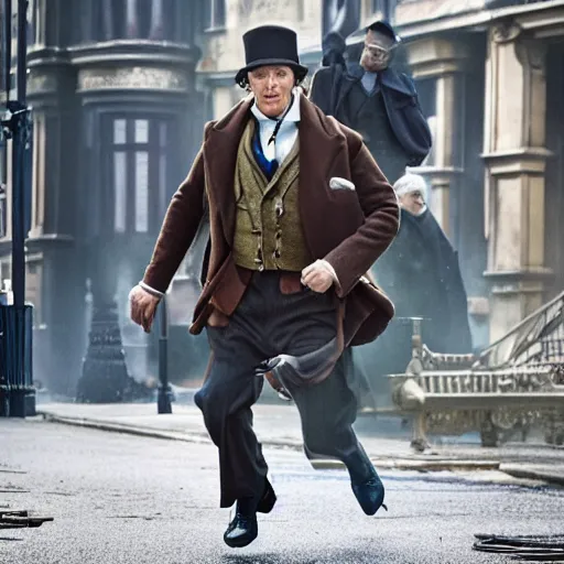 Image similar to [UHD candid photo of Sherlock Holmes running down the streets of futuristic steampunk London, correct face, accurate details, graphic detail, sharp focus by Annie Leibowitz]