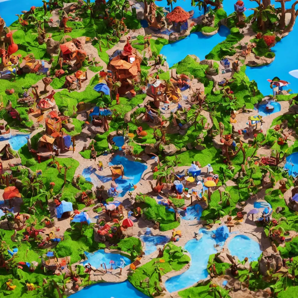 Image similar to claymation island resort, long shot