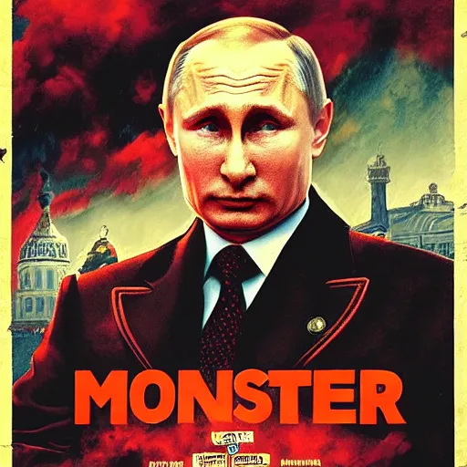 Image similar to putin is a monster, movie poster in the style of drew struzan