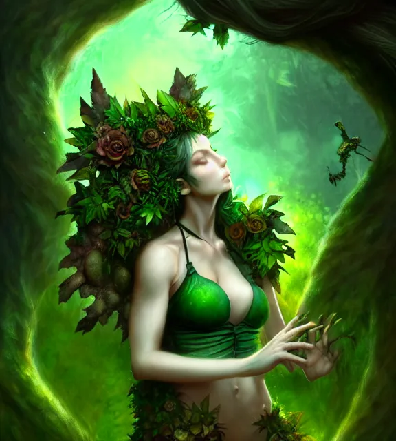 Image similar to ancient graveyard with beautiful female spriggan wearing green leaf halter top, perfect face, dark green leaf hair, with abs, cinematic, blush, stunning, elegant, highly detailed, psychedelic, digital painting, artstation, smooth, hard focus, illustration, art by jessica rossier and and brian froud