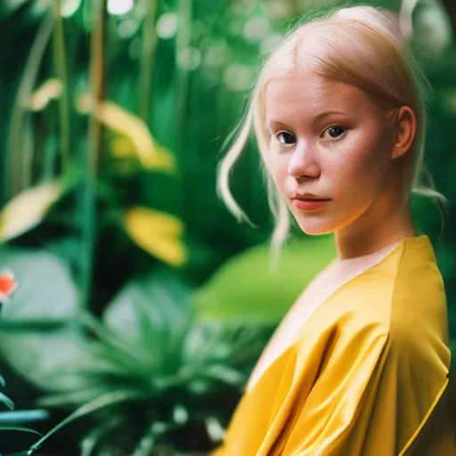 Image similar to head and shoulder portrait medium format photograph of a young blond woman wearing a yellow kimono in a tropical greenhouse. super resolution. 85 mm f1.8 lens.bokeh.graflex.