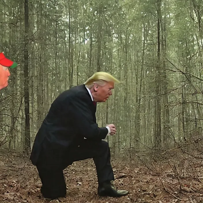 Prompt: A blurry ominous screen capture of found footage of Donald Trump in the woods talking to an alien