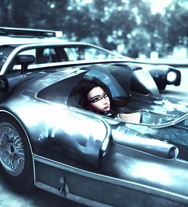 Image similar to hd photo of a beautiful luxury sportscar epic photorealistic portrait model girls racing technoir in squareenix vray noir vw beetle delorean style depth of field lens in flare leica zeiss detailed trending award winning on flickr artstation