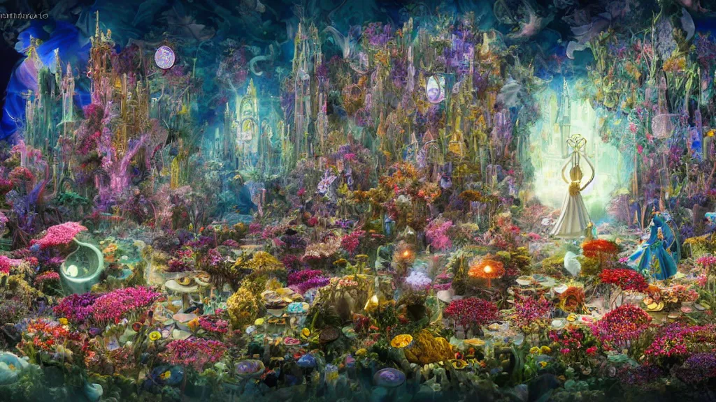 Prompt: a centered render of intricate modular synthesizer of alice in wonderland, shining its light across a tumultuous sea of flowers, undersea animals and gothic crystal church by dorothea tanning and salvador dali, trending on artstation, cyber punk, soft light color, unreal engine, high detailed, 8 k