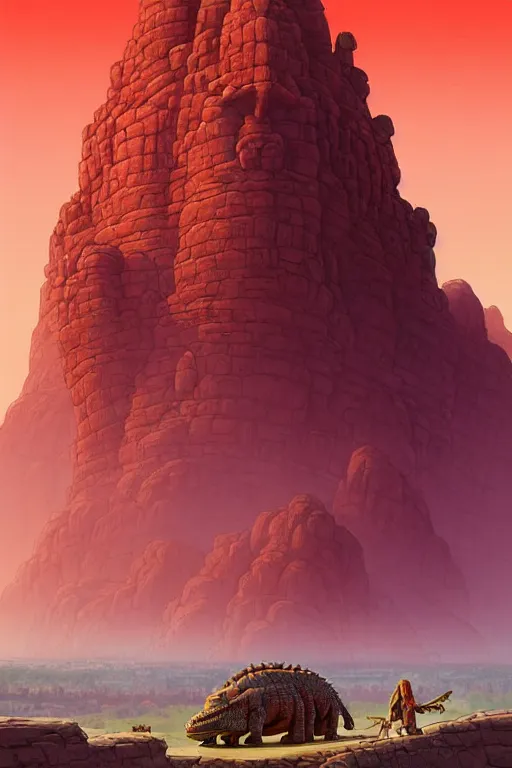 Prompt: Epic ancient fantasy desert landscape of a red sandstone city dwarfed by a colossal stone crocodile monument statue, tiny villagers gather to worship. Zoomed out vast vista, HD, Pixar movie quality. Trending on DeviantArt, highly detailed, 2d game poster by Jesper Ejsing, by RHADS, Makoto Shinkaih and Lois van baarle, ilya kuvshinov, rossdraws, cinematic , hyper-realistic, depth of field, coherent, high definition, 8k resolution octane renderer,