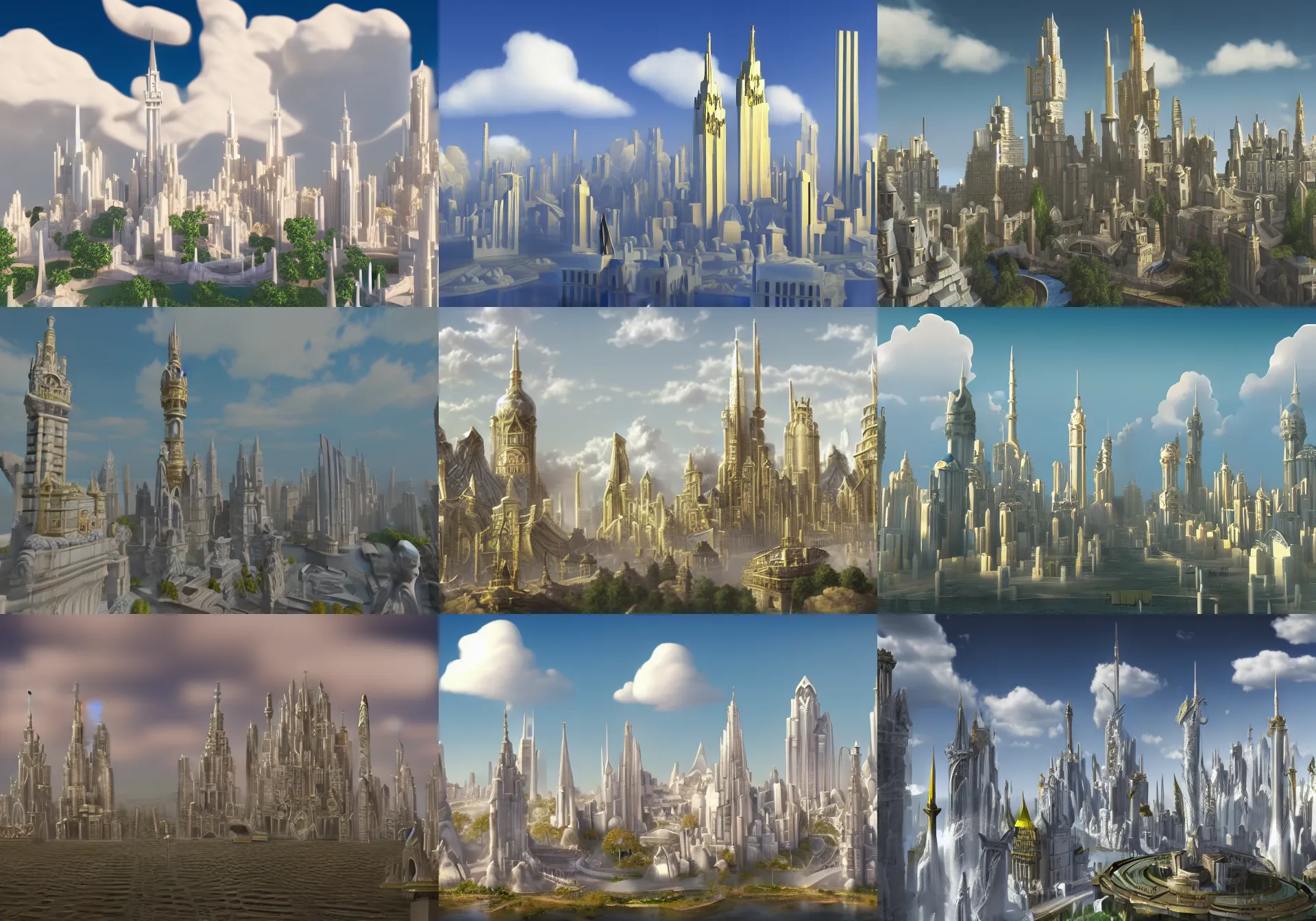 Prompt: fantasy city, constructed from white marble, high towers, brass highlights on buildings, clouds in the sky, landscape mode, high realism