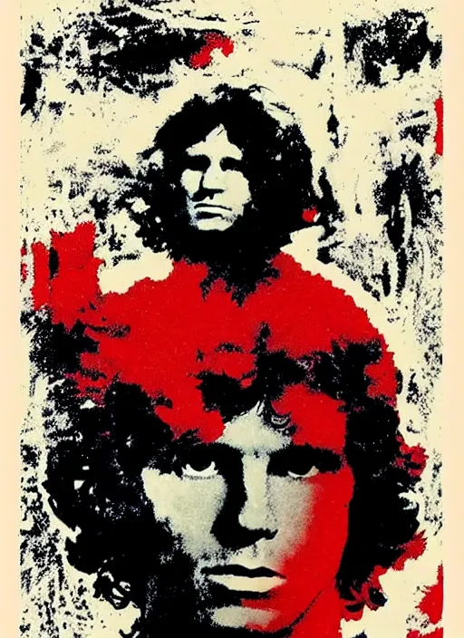 Prompt: Jim Morrison Poster, 1970's, Poster, screen print, Cream paper, black, red and cyan ink, pintrest.com