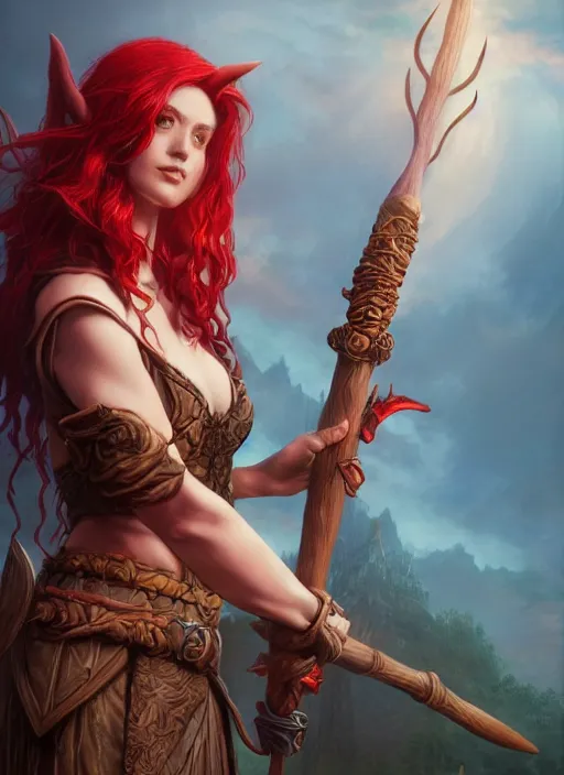 Prompt: photography of beautiful elf witch red hair, holding a magic staff, d & d fantasy character, detailed matte painting, studio lighting, octane render, larry elmore michael whelan artstation