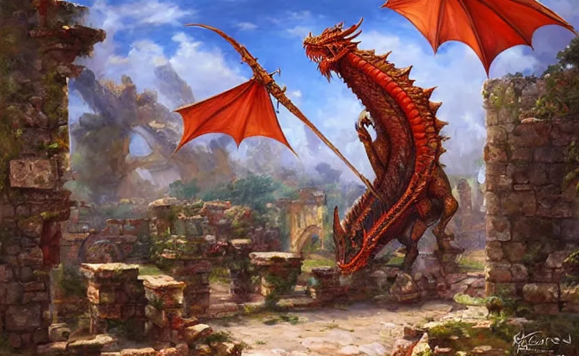 Image similar to Colossal dragon on ancient ruins. By Konstantin Razumov, highly detailded