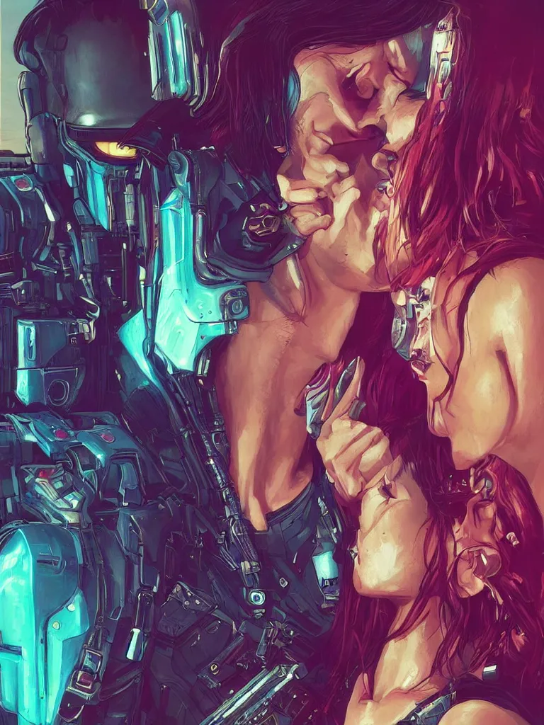 Image similar to a cyberpunk 2077 couple portrait of Keanu Reeves&female android in final kiss,love,film lighting,by Laurie Greasley,Lawrence Alma-Tadema,Dan Mumford,artstation,deviantart,FAN ART,full of color,Digital painting,face enhance,highly detailed,8K,octane,golden ratio,cinematic lighting