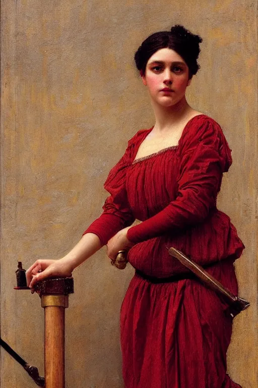 Image similar to John William Godward and Solomon Joseph Solomon and Richard Schmid and Jeremy Lipking victorian genre painting full length portrait painting of a young beautiful woman traditional german french barmaid in fantasy costume, red background