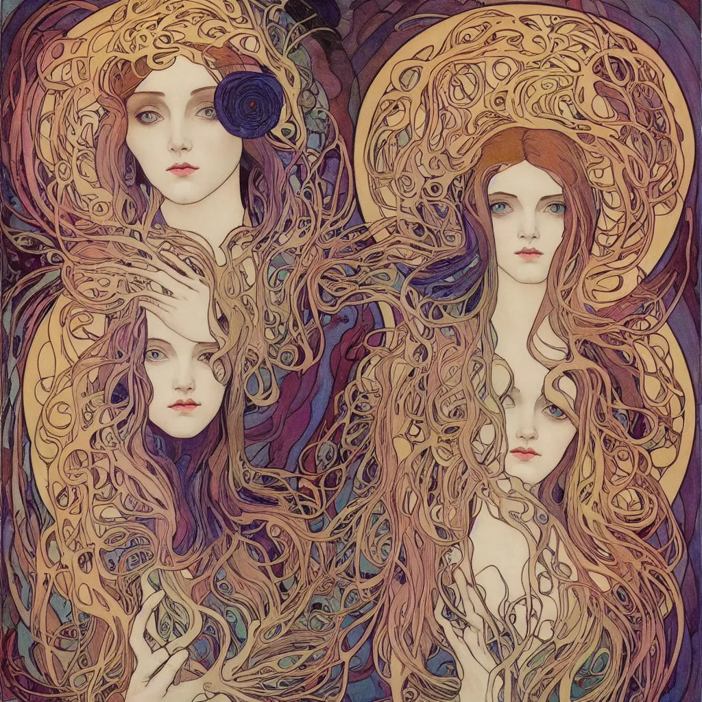 Image similar to one Angel of Art, beautiful eyes, symmetrical face, paint, ink, palettes, spectrum, in the style of Joshua Middleton, Mucha, Kandinsky