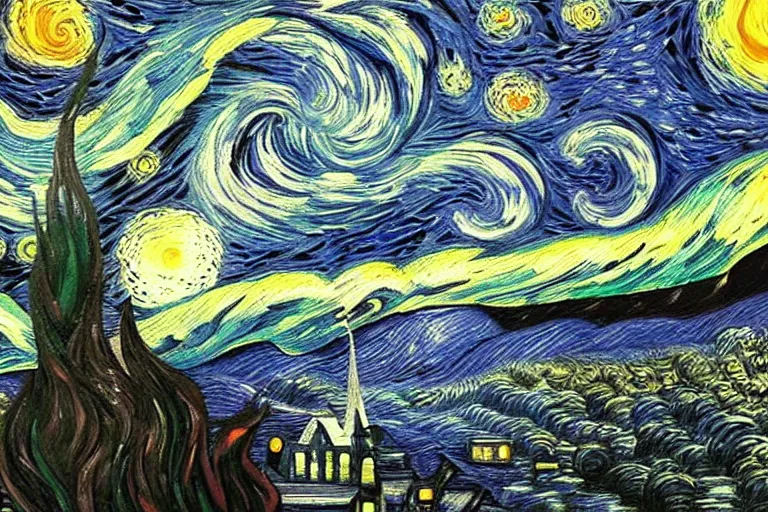 Image similar to man is seeing old god cthulhu terrifying the night sky of a city, epic scene oil painting hyper - detailed realistic dark van gogh style