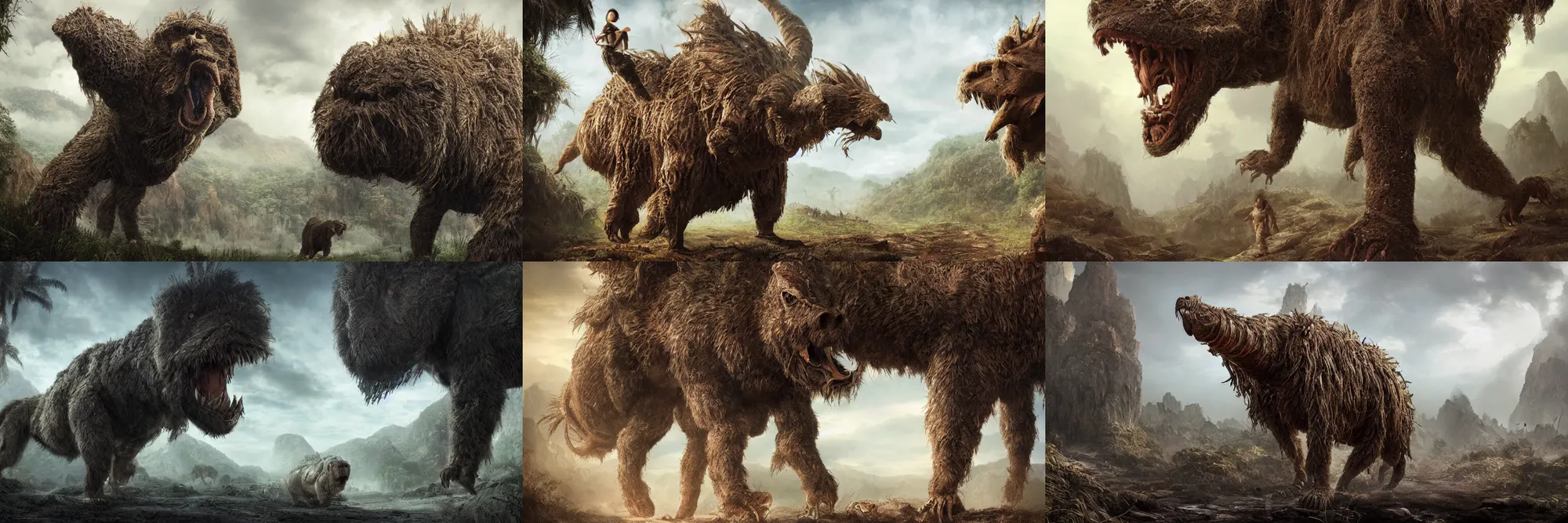 Prompt: highly detailed portrait photo of a huge hairy Mûmakil, wandering through a scenic dystopian fantasy environment, hyperrealistic Illustration