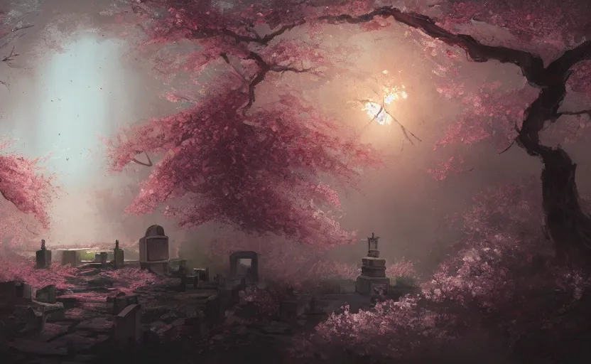 Prompt: A painting of the Grave of cherry blossoms trending on artstation in the style of Greg Rutkowski