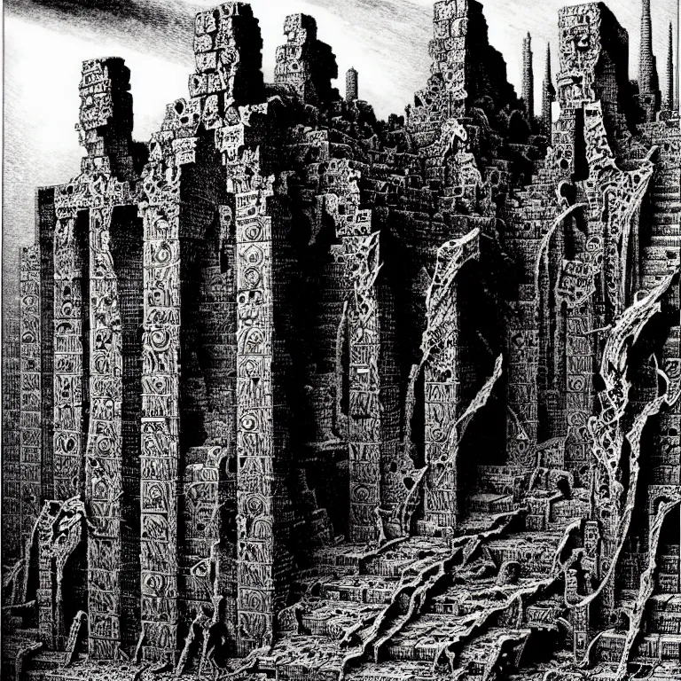 Image similar to the ruins of babylon. extremely high details, perfect face, black and white, masterpiece, magnum opus engraving by gustave dore, jean giraud, philippe druillet