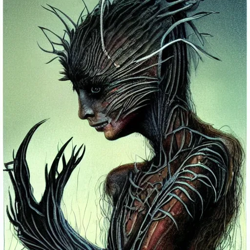 Image similar to detailed illustration of attractive humanoid alien species with beautiful human female face, female human torso, dark fae, black feathers instead of hair, feathers growing out of skin, wings growing out of arms, transformation, floating in zero gravity on starship, brian froud, tim burton, guillermo del toro, science fiction