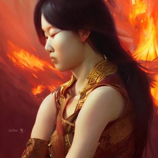 Image similar to Asian female fire elemental, lifelike, portrait, highly detailed, digital painting, artstation, concept art, sharp focus, illustration, cinematic lighting, art by artgerm and greg rutkowski and alphonse mucha