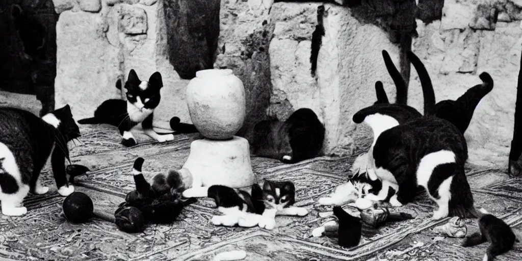 Prompt: a great old black and white photo from ancientt egypt, mischivious cats knock things off the table and annoy the pharoah who is sulking with head in hands, other cats knock vases over, funny and silly, weird and odd, historic look, film grain