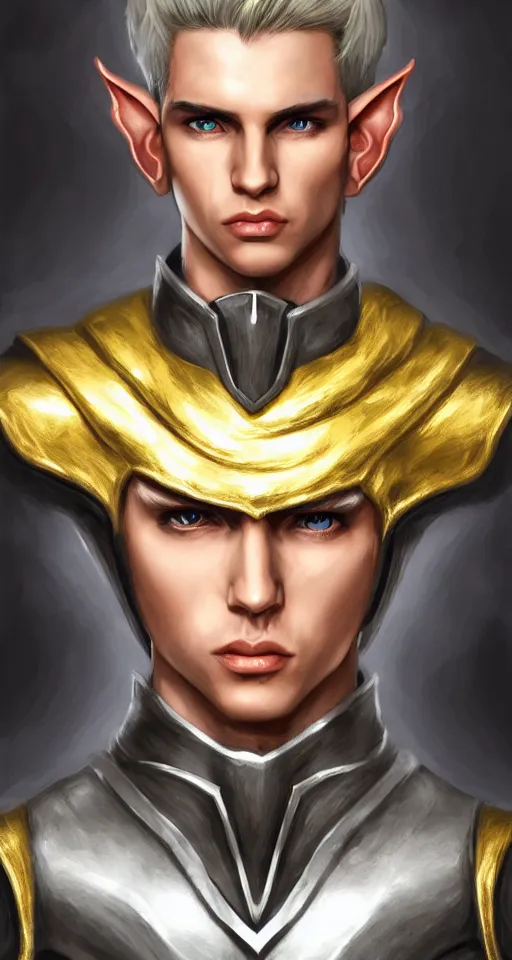 Image similar to A medium shot portrait of a male elf, he is about 20 years old, attractive, lean but muscular, serious composure, short silver hair, prideful look, he is wearing black heavy armor with gold plating and a red cape, highly detailed portrait, digital painting, ArtStation, concept art, smooth, sharp focus illustration, ArtStation HQ