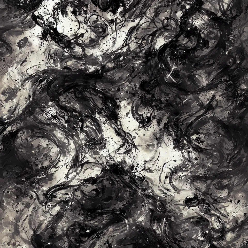 Prompt: swirls of fluids in a dark style by Richard Anderson, Kekai kotaki, Jackson Pollock and craig Mullins