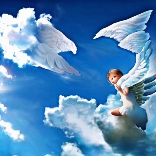 Image similar to bright blu sky. fluffy clouds. angels with big wings wake - up