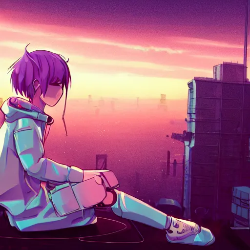 Prompt: android mechanical cyborg anime girl child overlooking overcrowded urban dystopia sitting. Pastel pink clouds baby blue sky. Gigantic future city. Raining. Makoto Shinkai. Wide angle. Distant shot. Purple sunset. Sunset horizon ocean reflection. Pink hair. Pink and white hoodie. Cyberpunk. featured on artstation. robotic wired knee pivot. white sweater.