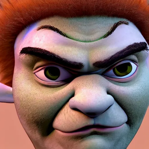 Prompt: shrek!! kubrick stare, menacing, instense stare, close up of face