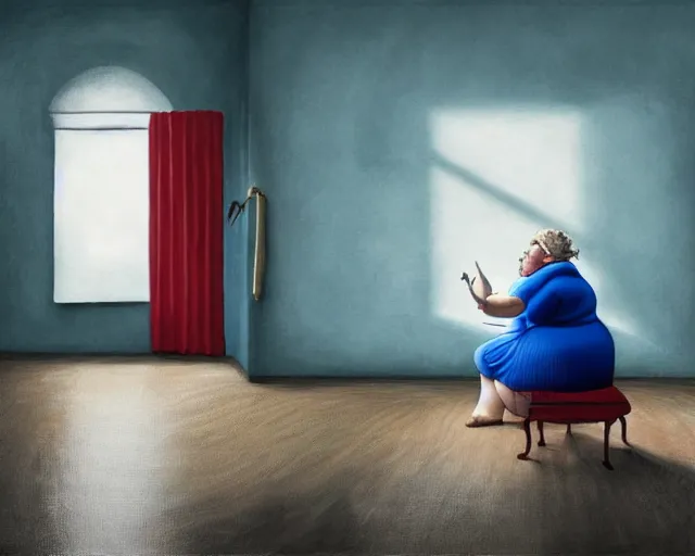 Image similar to an innocent and beautiful scene in hyper realistic style, about an fat old woman painting a huge colorful fish on the wall, lighting from the barred window. shadows. 4 k. wide angle. wild mood. red mouth, blue eyes. deep focus, lovely scene. ambient occlusion render. unreal engine.