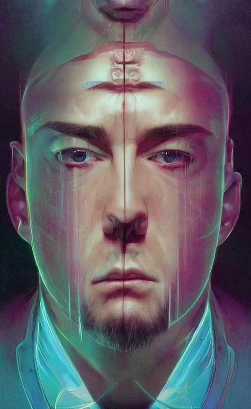 Prompt: upper half portrait of a man with spiral eyes droolingn inside of a distorted tv reality - in drew struzan movie poster style, art by drew struzan & hsiao - ron cheng, highly detailed, digital painting, ray tracing, illustration, smooth, sharp focus, intricate, symmetry, artstation,