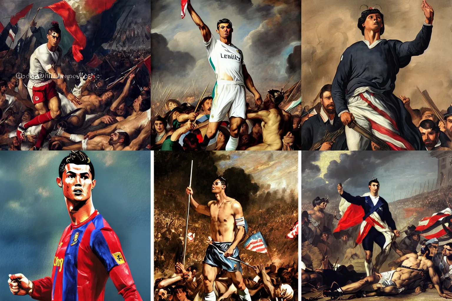 Prompt: Portrait of Cristiano Ronaldo as liberty leading the people, masterpiece 4k digital illustration by Eugène Delacroix, highly detailed, trending on artstation, award winning