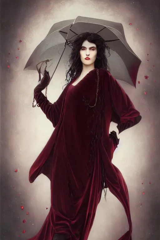 Image similar to a beautiful androgynous man, long thick dark hair, deep brown eyes, vampire, dressed in velvet, wearing a ruby pendant, illustration, dramatic lighting, soft details, painting oil on canvas, art nouveau, octane render, HDR, 4k, 8k, HD, by Edmund Blair Leighton, Brom, Charlie Bowater, faces by otto schmidt