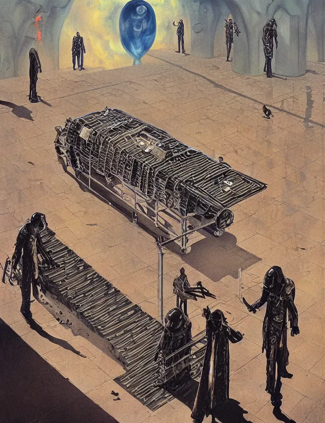 Prompt: huge gothic crematorium on desert planet, elevator, side ramp entrance ambulance smoke dead bodies, guards intricate, painting by lucian freud and mark brooks, bruce pennington, dark colors, neon, death, guards, nice style culture