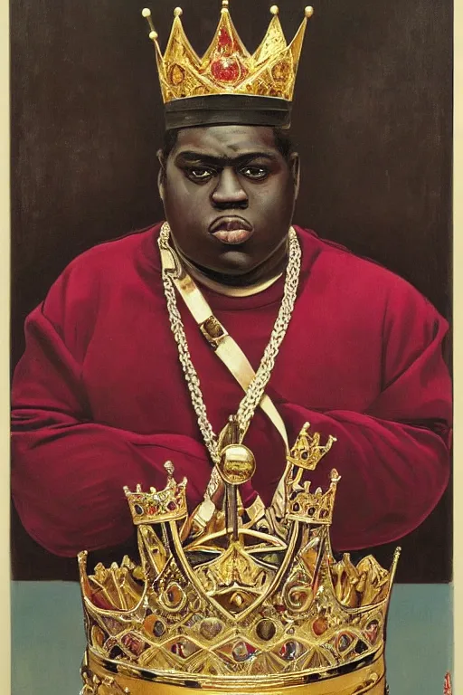 Image similar to ultra unrealistic portrait of rapper biggie smalls standing with cane and with kings crown and royal outfit, european, modern art, eclectic art, gold and colorful, illustration, by ramon casas