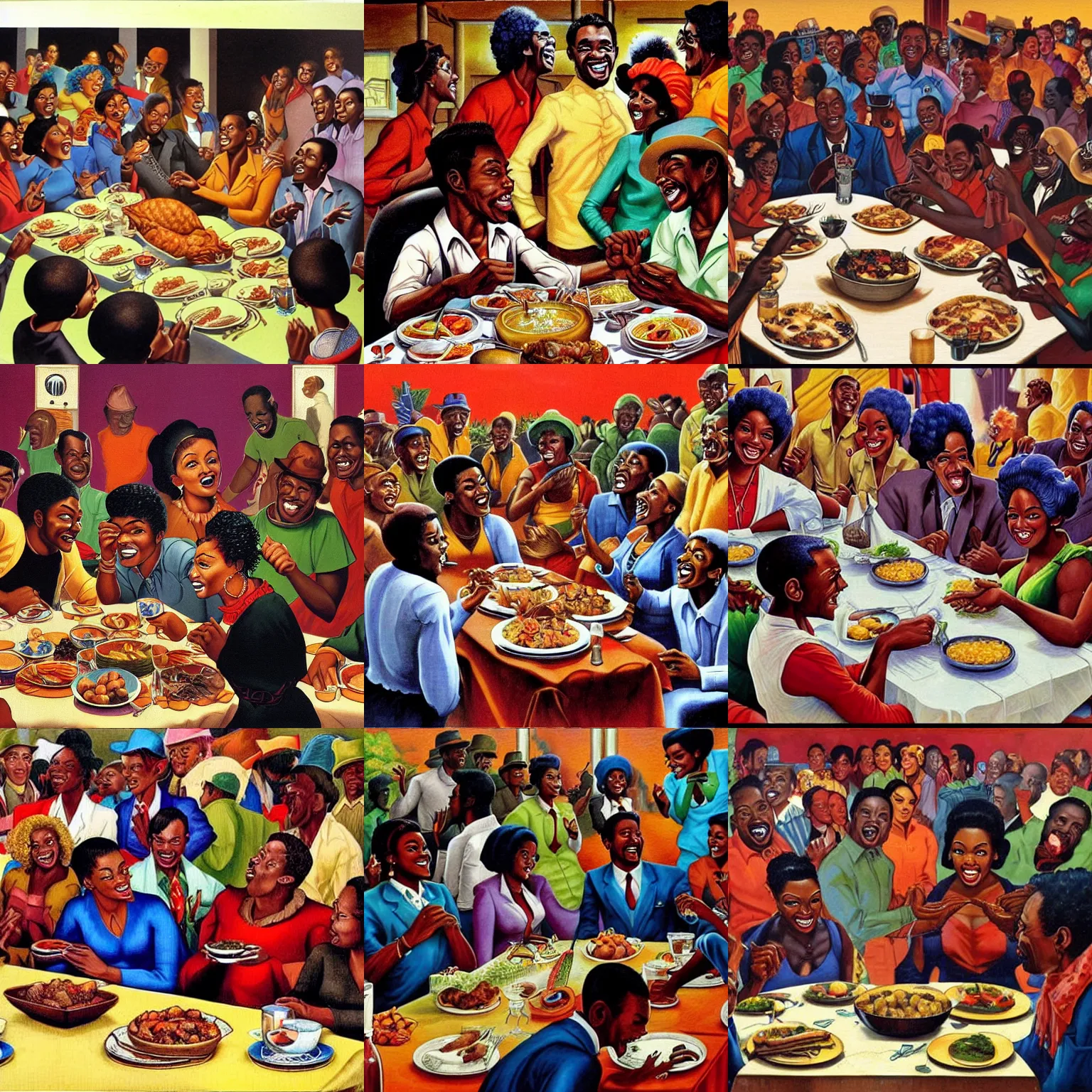 Prompt: black people gathered together eating thanksgiving dinner, happy, joyful faces, clear faces!!, painted by ernie barnes