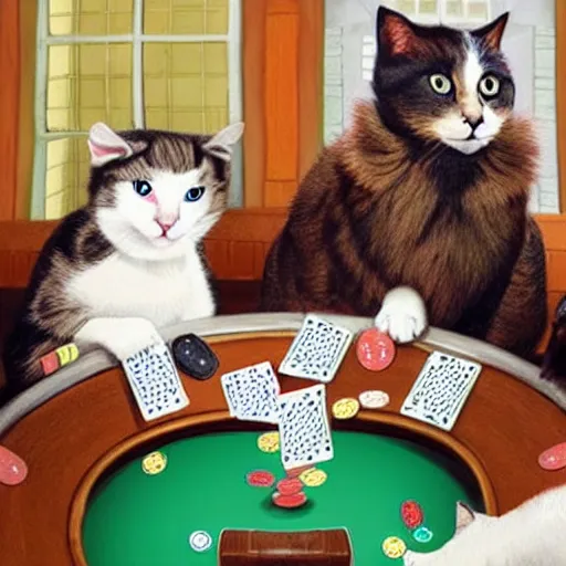 Prompt: Cats and Dogs playing poker