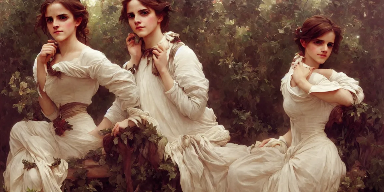 Image similar to emma watson southern belle style artgerm greg rutkowski alphonse mucha william adolphe bouguereau