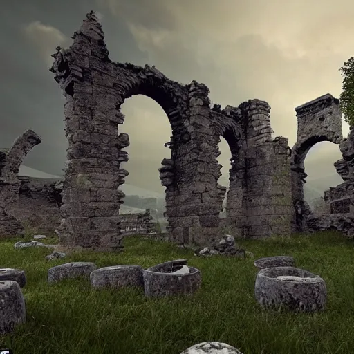 Prompt: the ancient ruined stone architecture of an ancient castle, large rounded stone buildings surrounded by columns, some with roofs that have fallen in, others are leaning to one side or another, debris strewn across the landscape, it seems as though something catastrophic happened here long ago, epic scale, cinematic, CG rendering