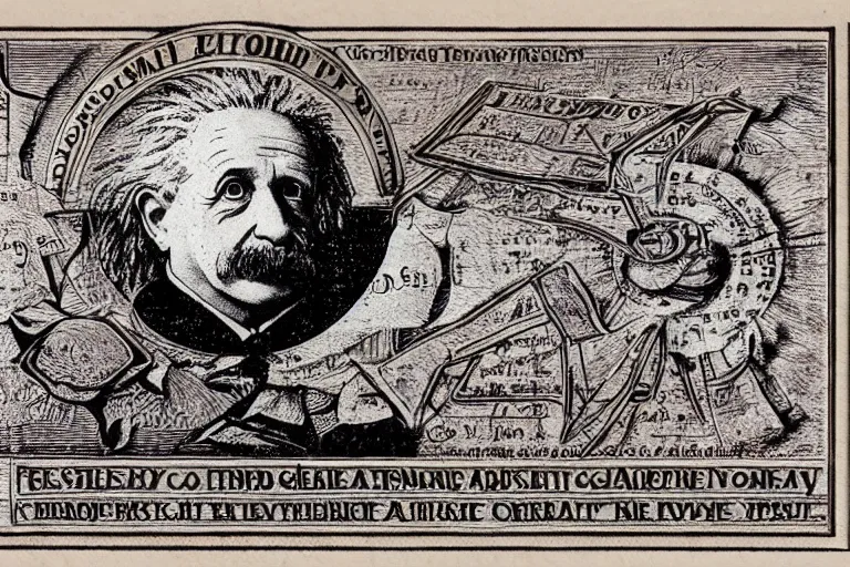 Prompt: an engraved portrait of albert einstein surrounded by intricate equations of theory of relativity, detailed!!! copper - plate engraving in the style of a postage stamp, freemason symbol, fine!!! lines, engraved by alfred sealey, bureau of engraving and printing