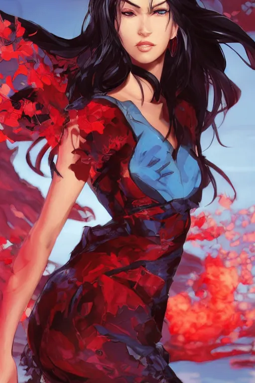 Image similar to Megan Fox in red back light using a pale blue summer dress in a blade and soul spinoff artbook rendered by the artist Taran Fiddler, Joe Madureira, Nadezhda Tikhomirova, Jiyun Chae, Lê Long, trending on Artstation by Hyung Tae Kim, artbook, Stanley Artgerm Lau, WLOP, Rossdraws , James Gurney