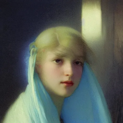 Image similar to a young woman's face, her hair is white and she wears a cobalt blue satin cloak, by ivan aivazovsky and syd mead and moebius and gaston bussiere and roger dean and pieter claesz and paul delaroche and alma tadema and aelbert cuyp and willem claesz, hyperrealistic, volumetric light, octane render