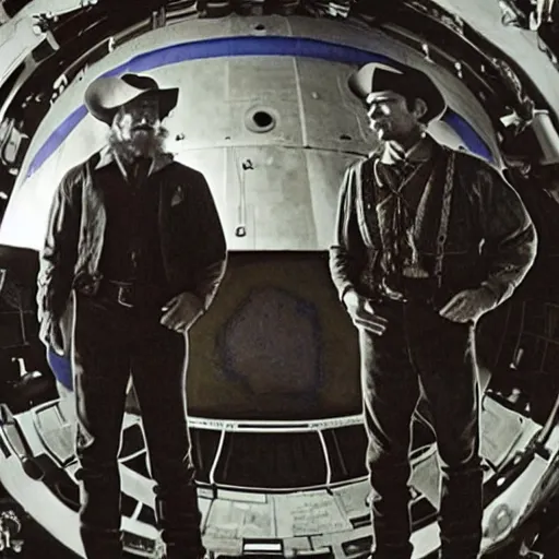 Image similar to wyatt earp and doc holliday, standing on the deck of a spacecraft inspired by the movie interstellar, high detail, high fidelity