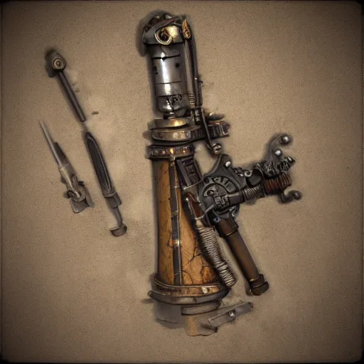 Image similar to steampunk style weapons, concept art, octane render