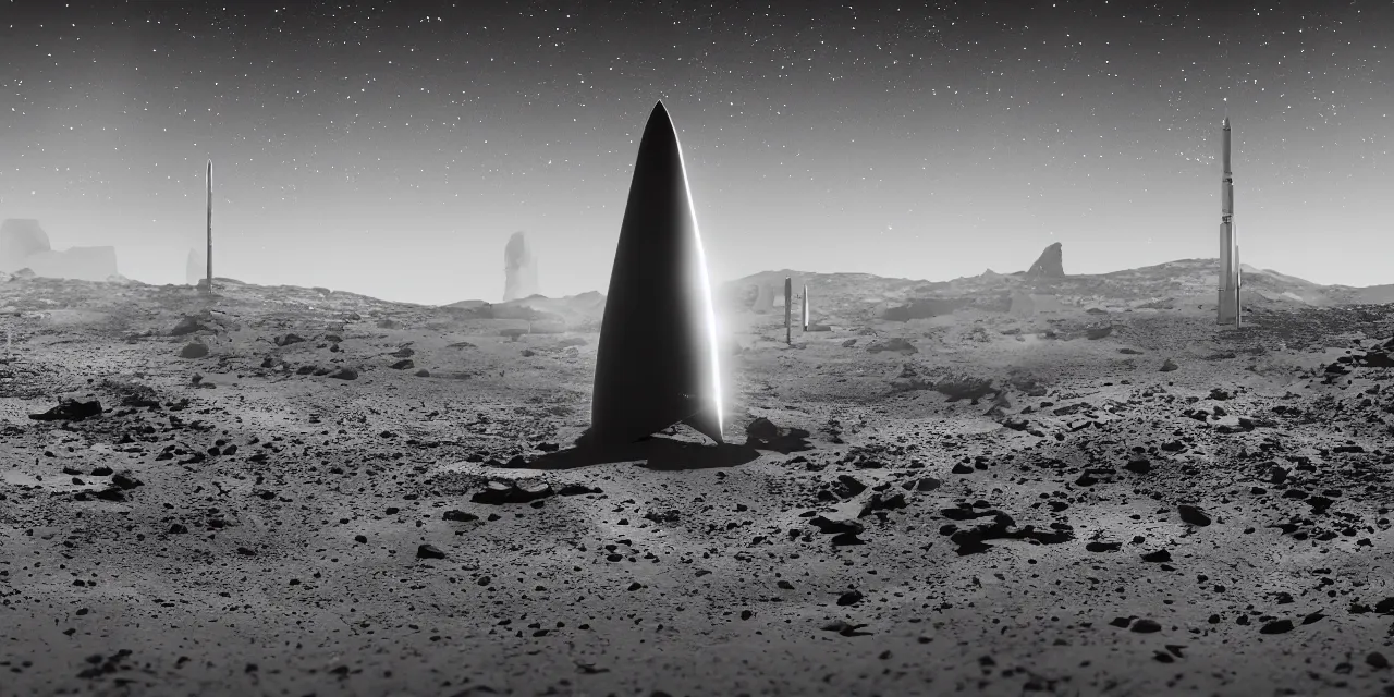 Prompt: black and white photo of a futuristic rocket landing on bright mars, black background with glowing stars and satalites, cinematic film still, high contrast, astrophotography, 4 k, hard lighting, ray tracing, cel shading, cgo, octante render,