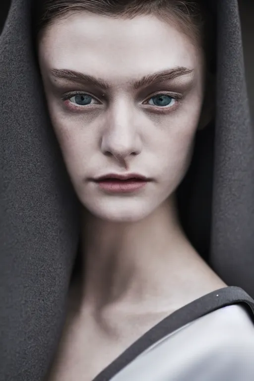 Prompt: A still frame of a girl wearing grey cape featured in Vogue and GQ editorial fashion photography, beautiful eye, symmetry face, Long shot, wide shot, full shot, tilted frame 35°, haute couture dressed by Givenchy and Salvatore Ferragamo, Canon EF 85mm f/1.4L IS USM, in porcelain and metal and lush branch