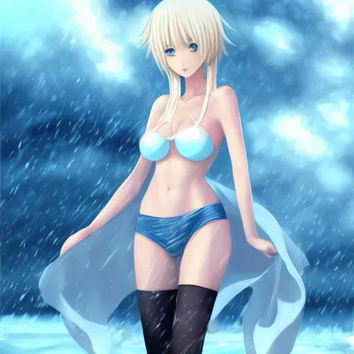 Image similar to full body shot : a very beautiful mature blond anime girl in a snowstorm, beanie, sky blue eyes,, bikini, miniskirt, highly detailed, cinematic wallpaper by stanley artgerm lau